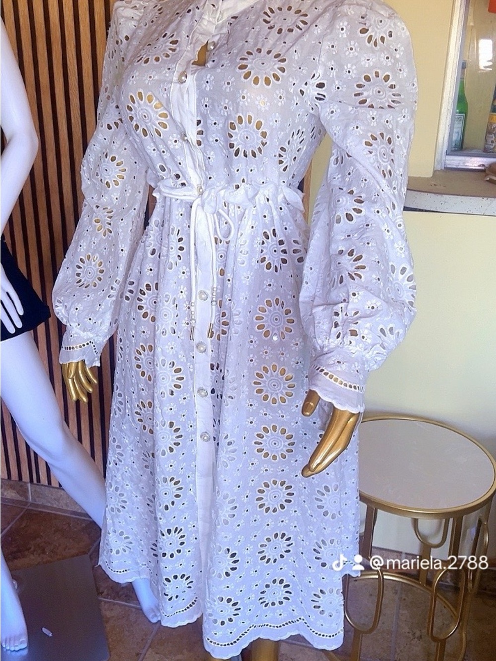 No Boundaries White Eyelet Button-Front Midi Dress with Tie Waist